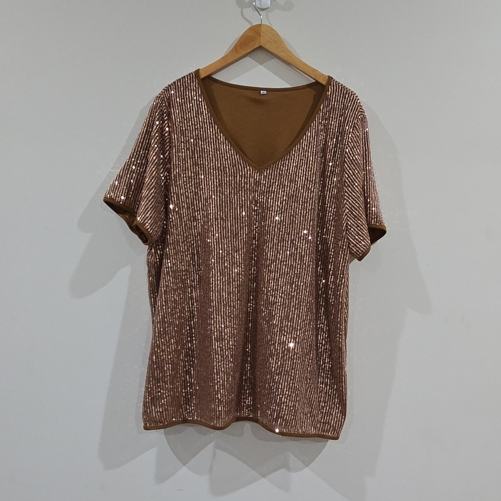 Glitter Womens Blouse 3xl Plus Size Brown Gold Sequin Meshv-Neck Short Sleeve